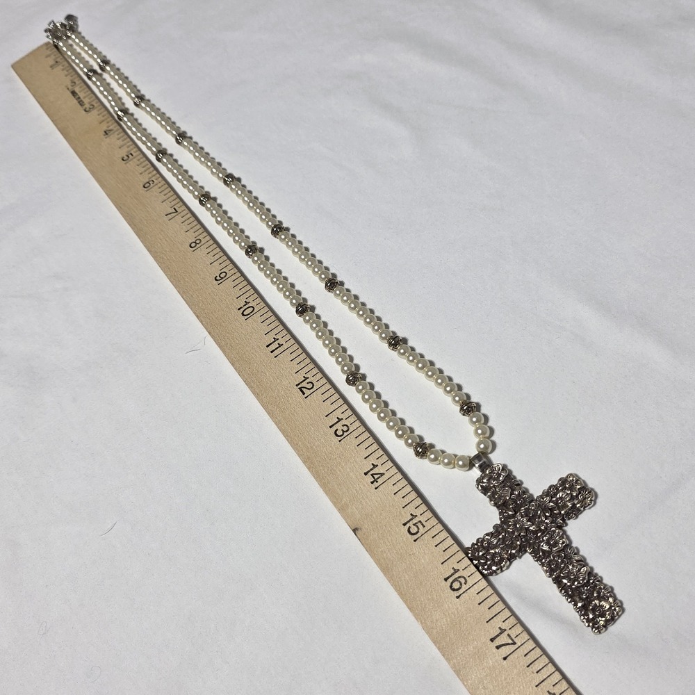Brighton Floral Cross Pearl Necklace 18" Silver Tone Cream Beaded Retired - Picture 5 of 8